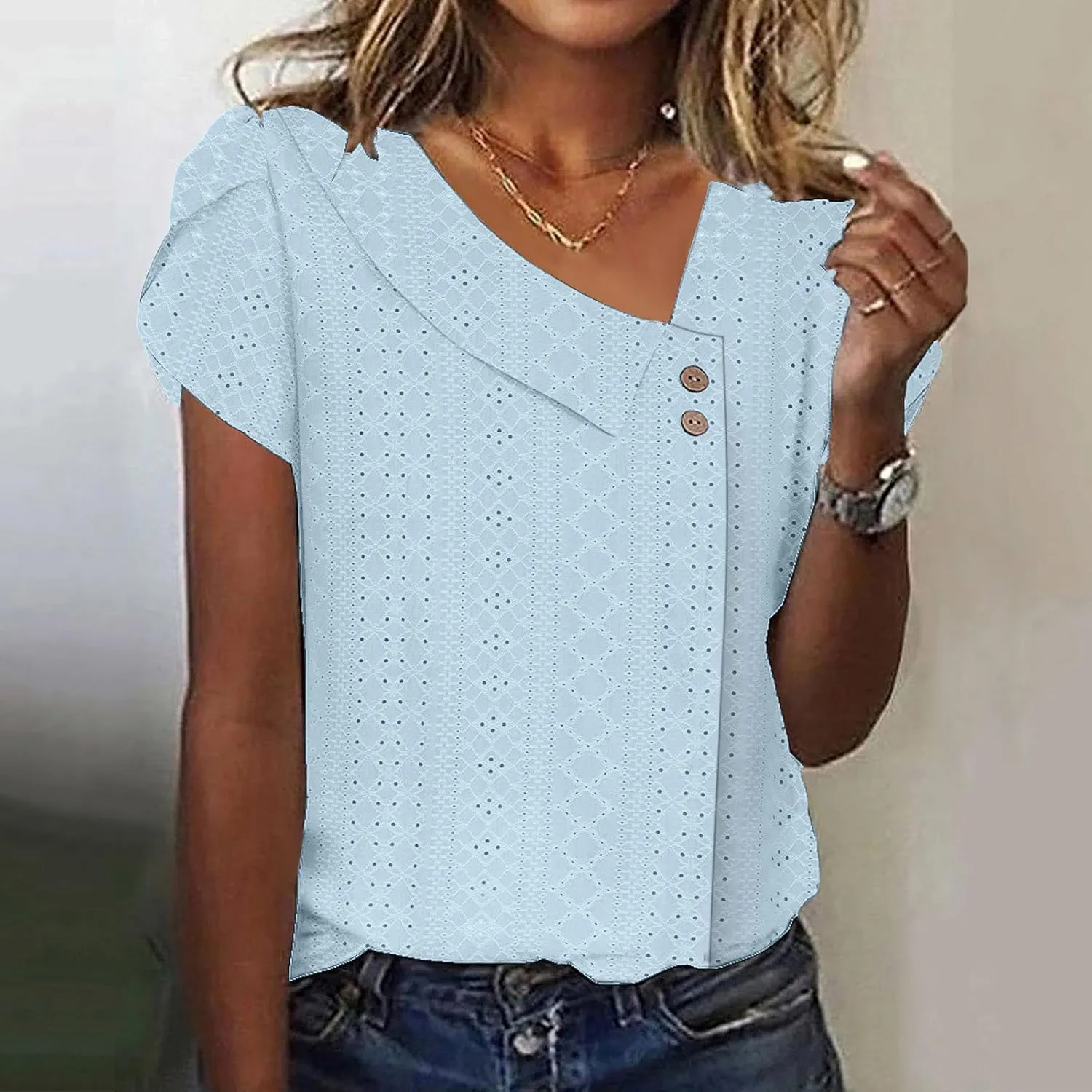 2025 Summer Eyelet Tops for Women Dressy Casual Blouse Button Lapel Collar Short Sleeve Basic Tees Hollow Out Shirt