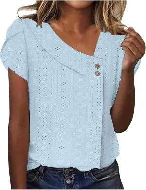 2025 Summer Eyelet Tops for Women Dressy Casual Blouse Button Lapel Collar Short Sleeve Basic Tees Hollow Out Shirt