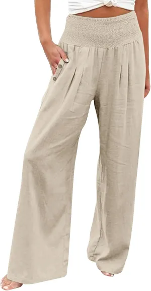 Aniywn Wide Leg Linen Pants for Women Summer Casual Loose Elastic Waist Palazzo Pants Smocked High Waist Flowy Beach Trousers
