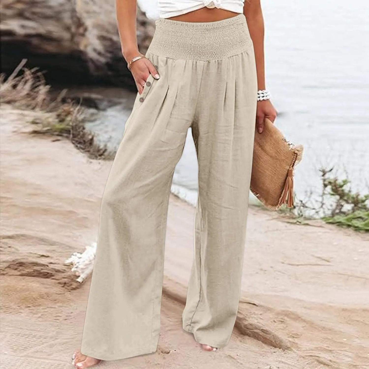 Aniywn Wide Leg Linen Pants for Women Summer Casual Loose Elastic Waist Palazzo Pants Smocked High Waist Flowy Beach Trousers