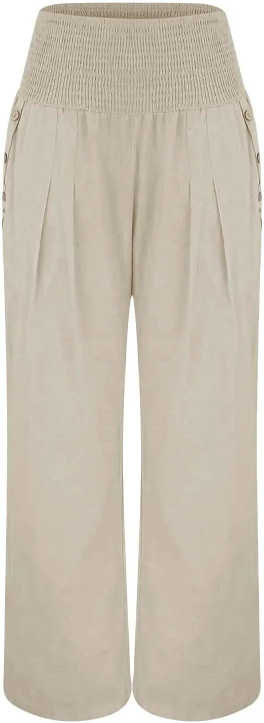 Aniywn Wide Leg Linen Pants for Women Summer Casual Loose Elastic Waist Palazzo Pants Smocked High Waist Flowy Beach Trousers