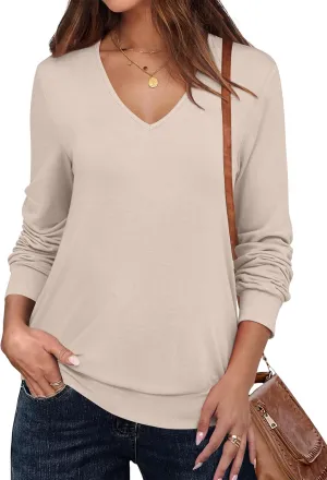 ANRABESS Women's Long Sleeve Shirts Casual Loose V Neck Basic Tees Tops 2025 Fall T-Shirt Outfits