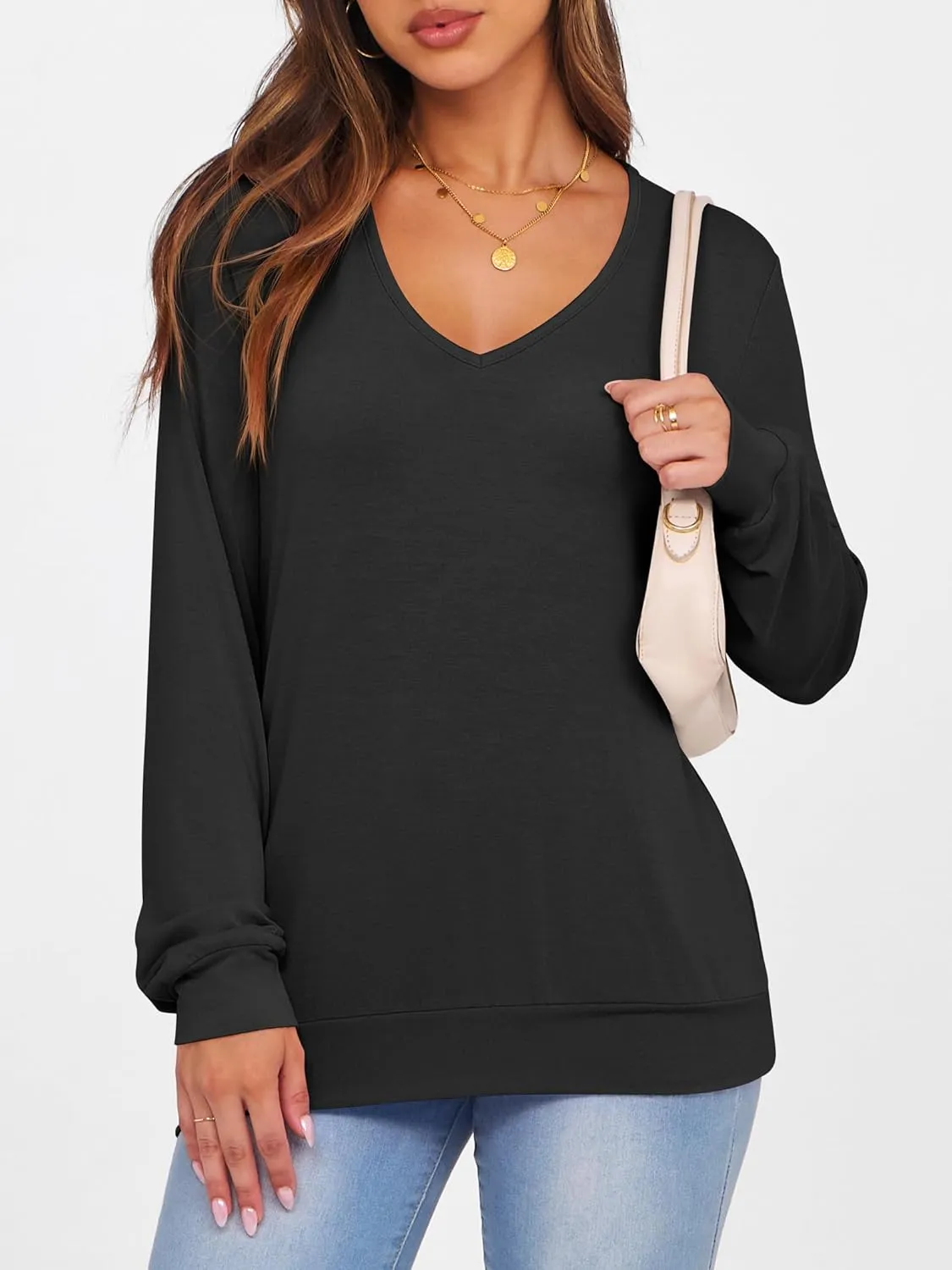 ANRABESS Women's Long Sleeve Shirts Casual Loose V Neck Basic Tees Tops 2025 Fall T-Shirt Outfits