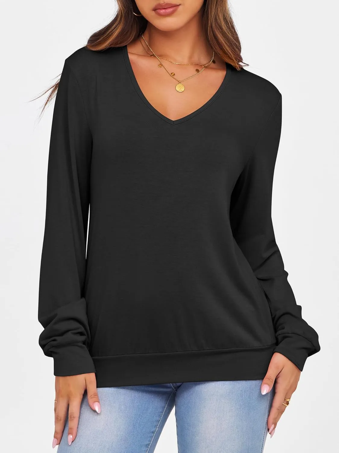 ANRABESS Women's Long Sleeve Shirts Casual Loose V Neck Basic Tees Tops 2025 Fall T-Shirt Outfits