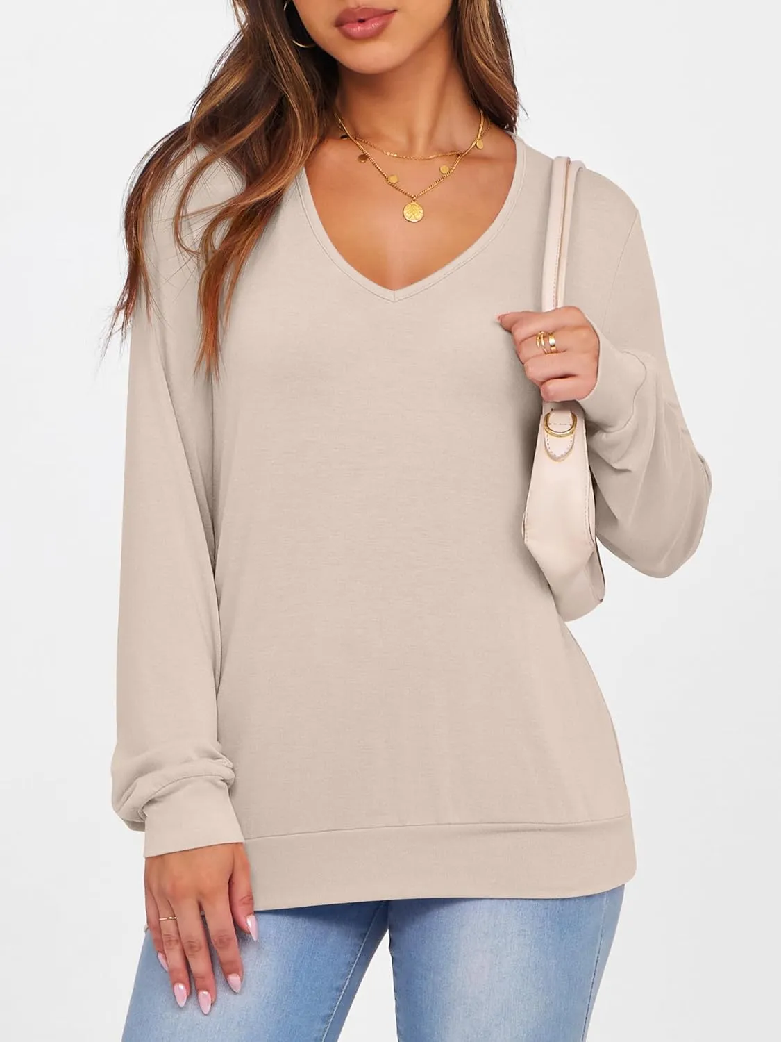 ANRABESS Women's Long Sleeve Shirts Casual Loose V Neck Basic Tees Tops 2025 Fall T-Shirt Outfits