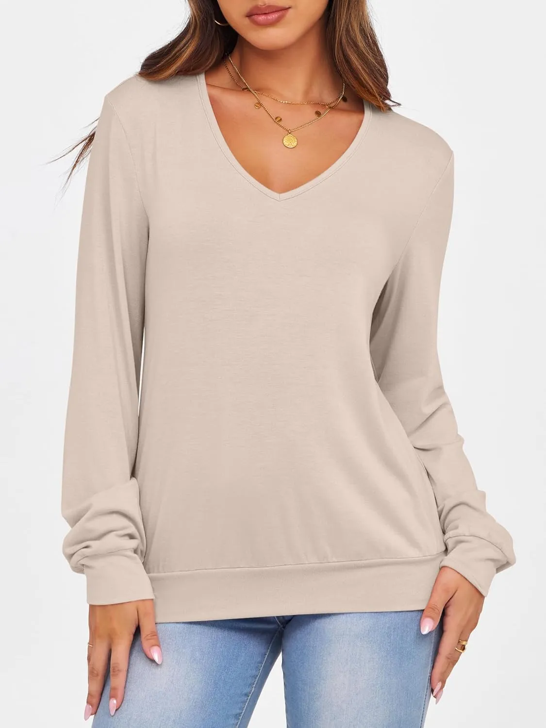 ANRABESS Women's Long Sleeve Shirts Casual Loose V Neck Basic Tees Tops 2025 Fall T-Shirt Outfits