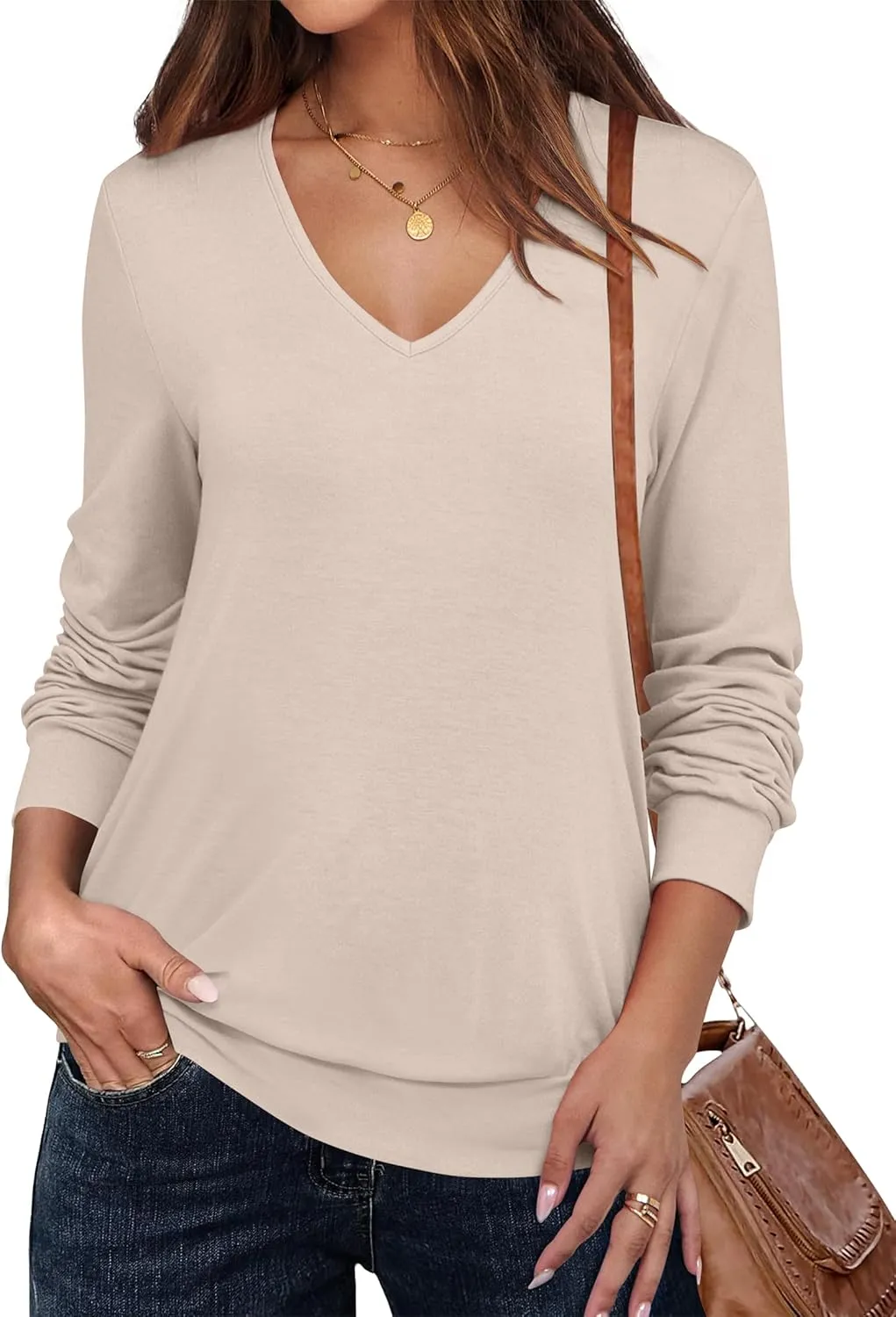 ANRABESS Women's Long Sleeve Shirts Casual Loose V Neck Basic Tees Tops 2025 Fall T-Shirt Outfits
