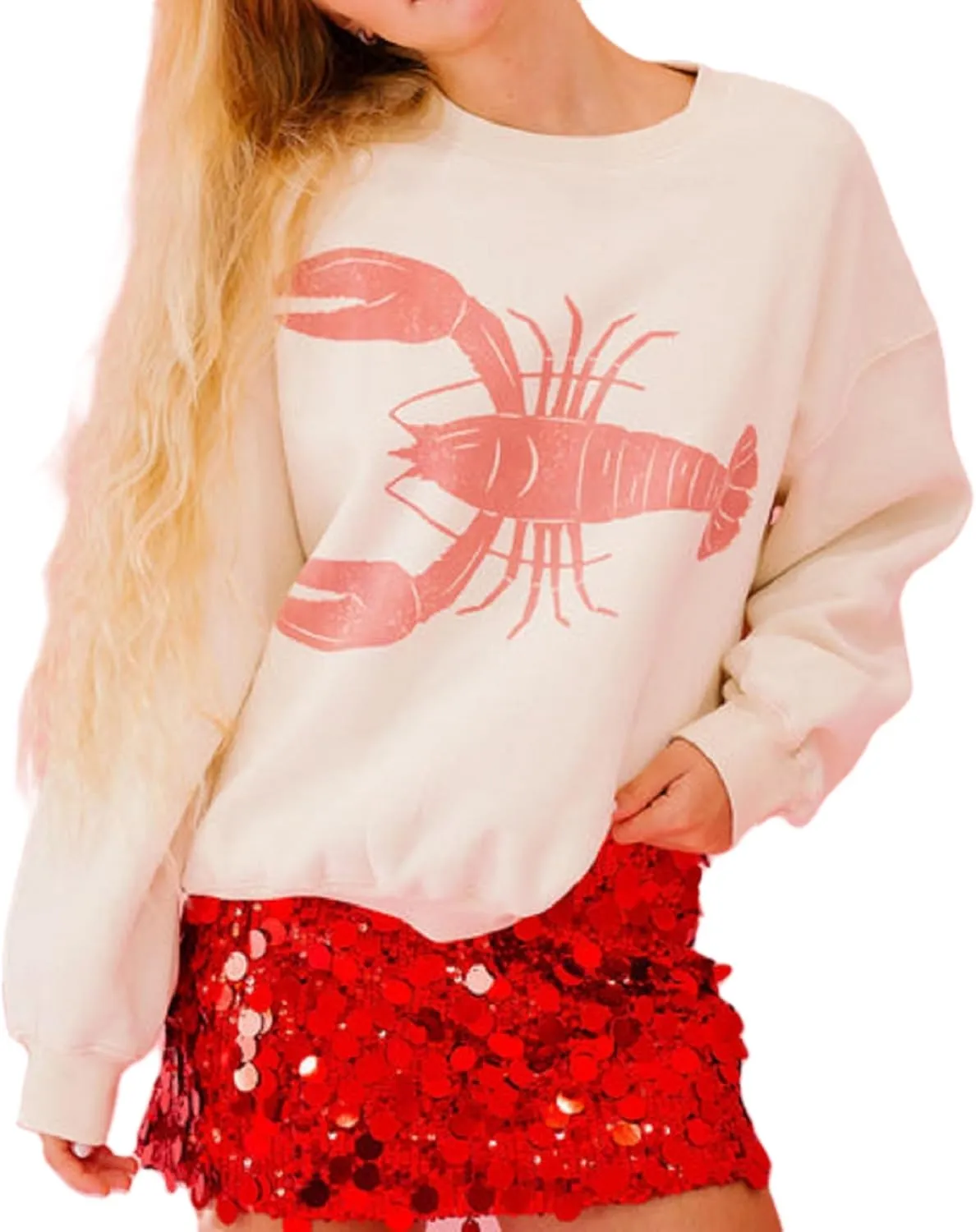 Aonoapll Women Y2k Lobster Sweatshirt Oversized Long Sleeve Graphic Pullover Top Crewneck Cute Print Hoodie