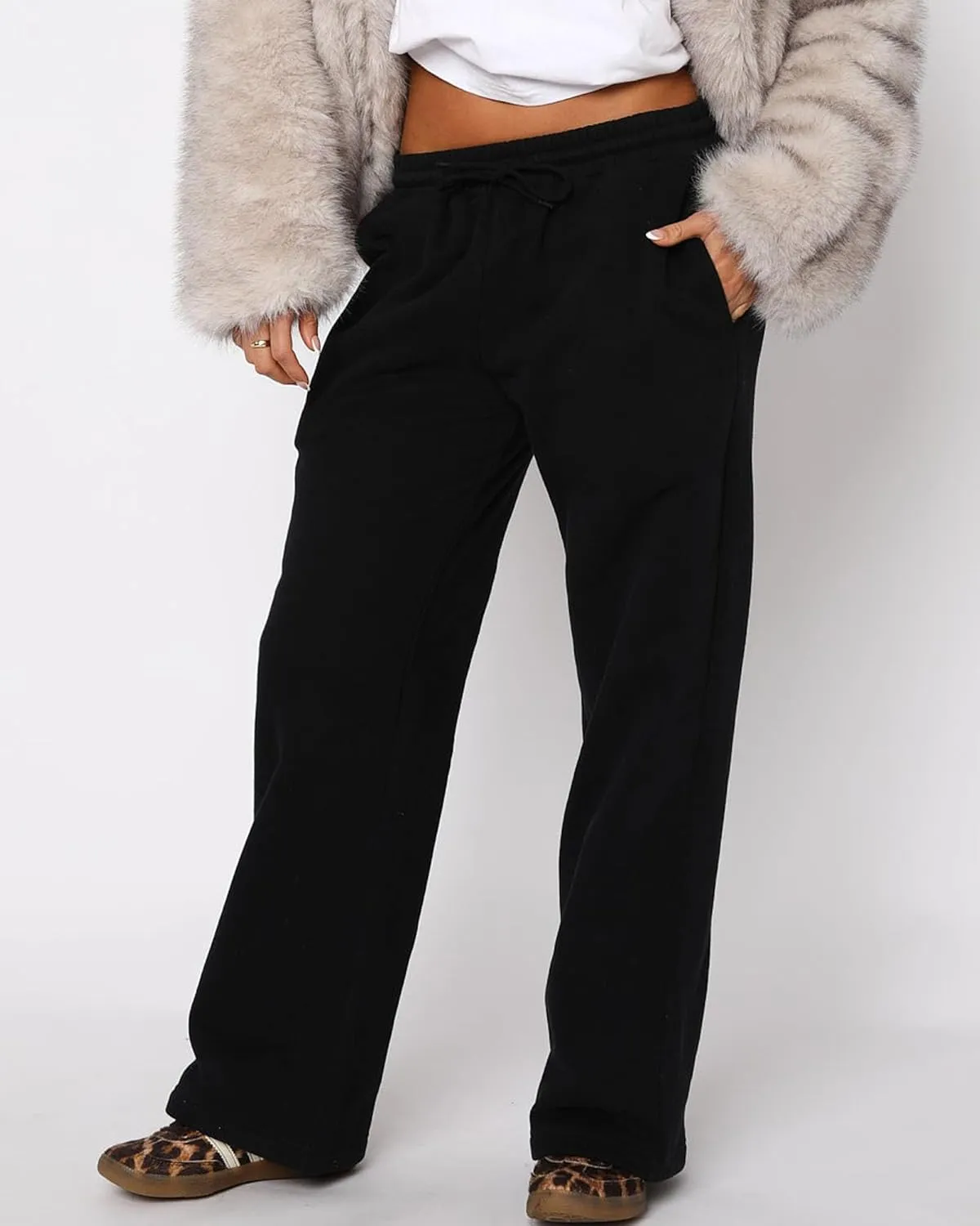 AROGONE Women's Casual Drawstring High Waisted Sweatpants Wide Straight Leg Lounge Pants with Pockets