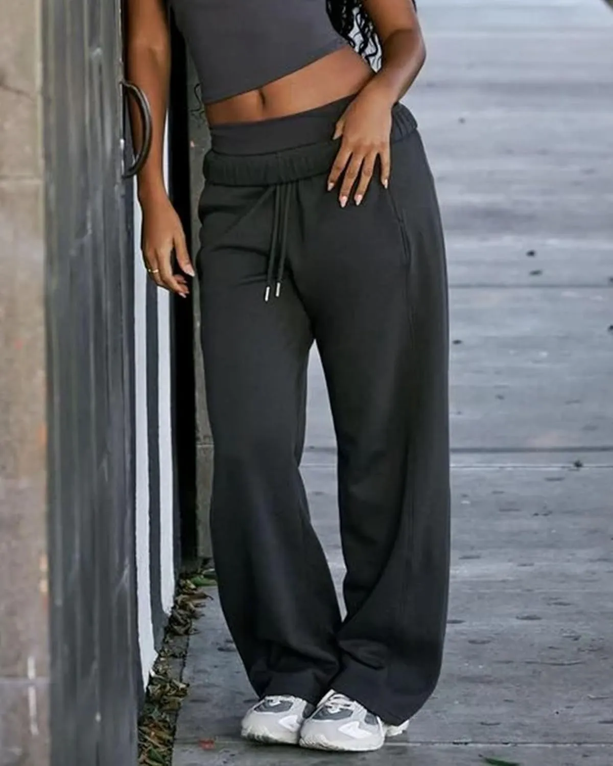 AROGONE Women's Casual Drawstring High Waisted Sweatpants Wide Straight Leg Lounge Pants with Pockets
