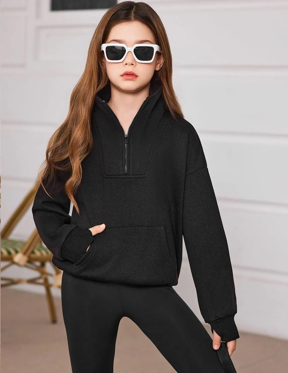 Arshiner Girls Half Zip Sweatshirt Fleece Quarter Zip Pullover Sweatshirts Fall Clothes for Teen Girls Thumb Hole