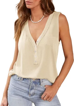 ARTFREE Womens Low Cut Henley Tank Tops Summer Deep V Neck Sleeveless Shirts Loose Fit Casual Button Up Tees