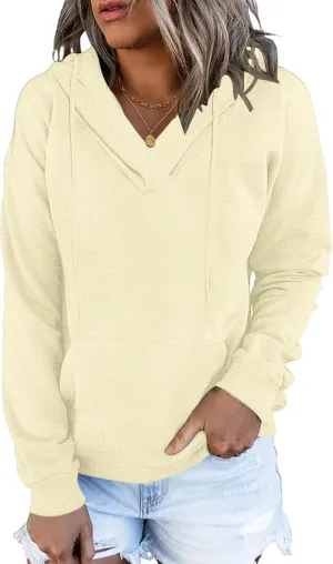 AUSELILY Womens Waffle Hoodies Ladies 2024 Sweatshirt Fall Long Sleeve Loose Side Slits Stacked V Neck Tops With Pockets
