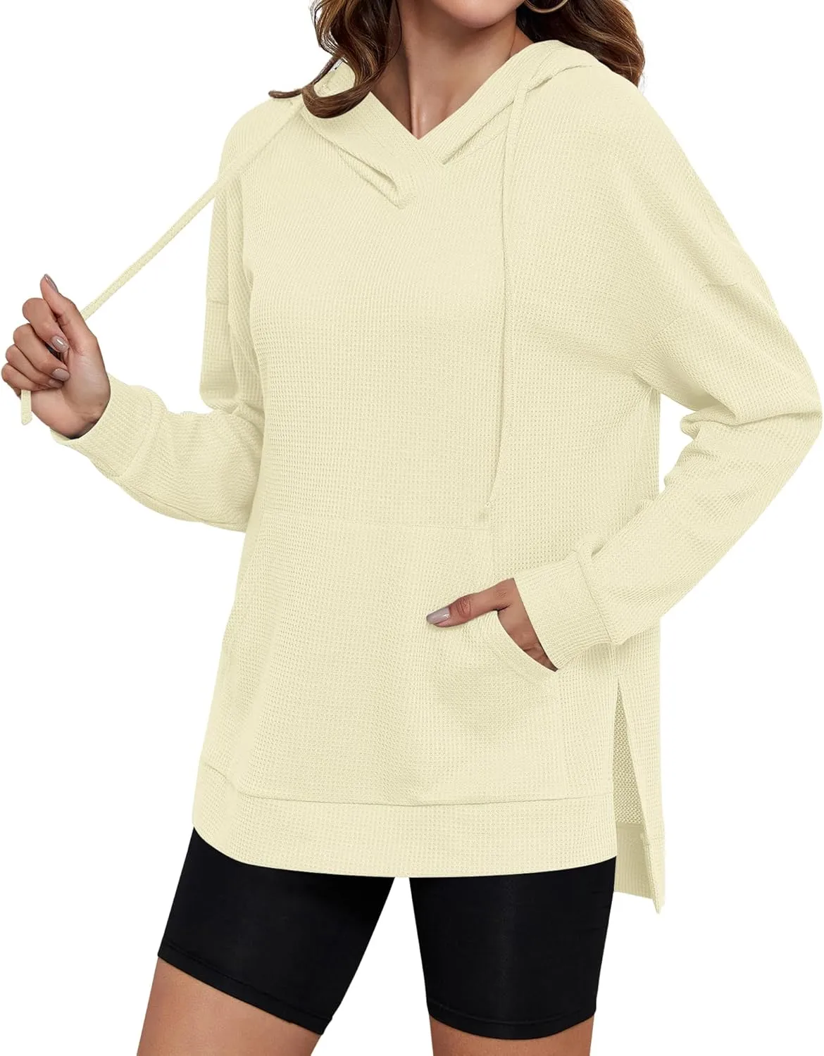AUSELILY Womens Waffle Hoodies Ladies 2024 Sweatshirt Fall Long Sleeve Loose Side Slits Stacked V Neck Tops With Pockets