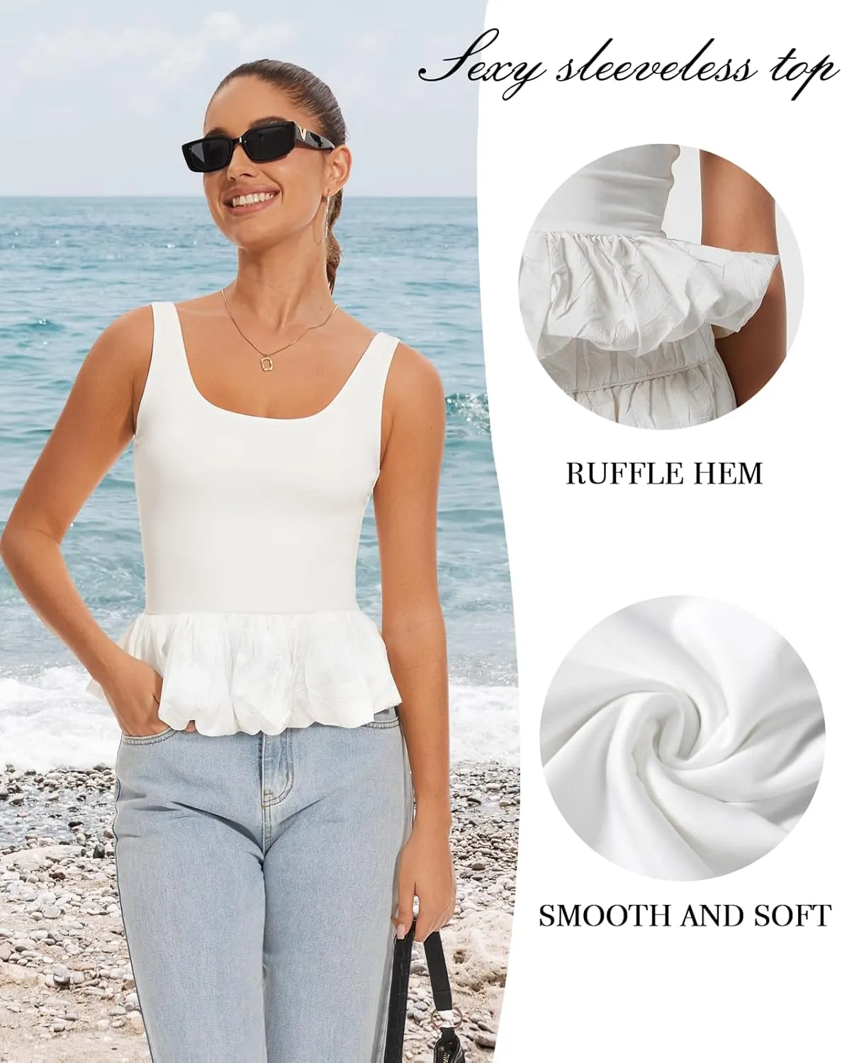 Babydoll Peplum Tops for Women Sleeveless Ruffle Hem Backless Top Scoop Neck Summer Crop Tank Top Babydoll Blouses