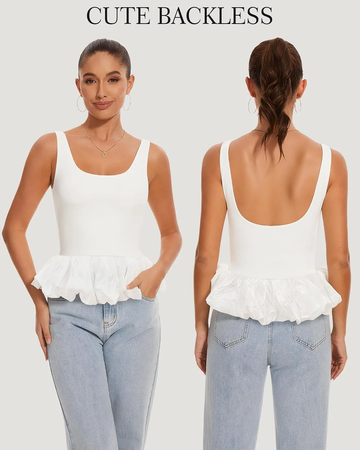 Babydoll Peplum Tops for Women Sleeveless Ruffle Hem Backless Top Scoop Neck Summer Crop Tank Top Babydoll Blouses