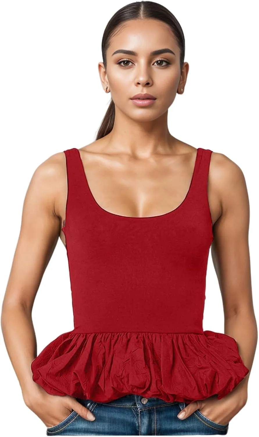 Babydoll Peplum Tops for Women Sleeveless Ruffle Hem Backless Top Scoop Neck Summer Crop Tank Top Babydoll Blouses
