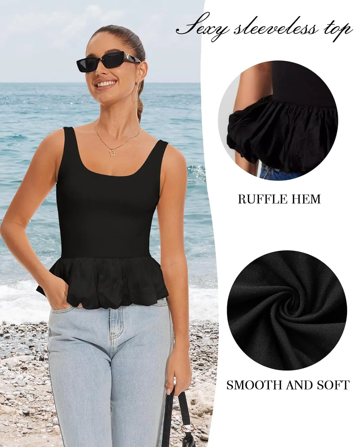 Babydoll Peplum Tops for Women Sleeveless Ruffle Hem Backless Top Scoop Neck Summer Crop Tank Top Babydoll Blouses