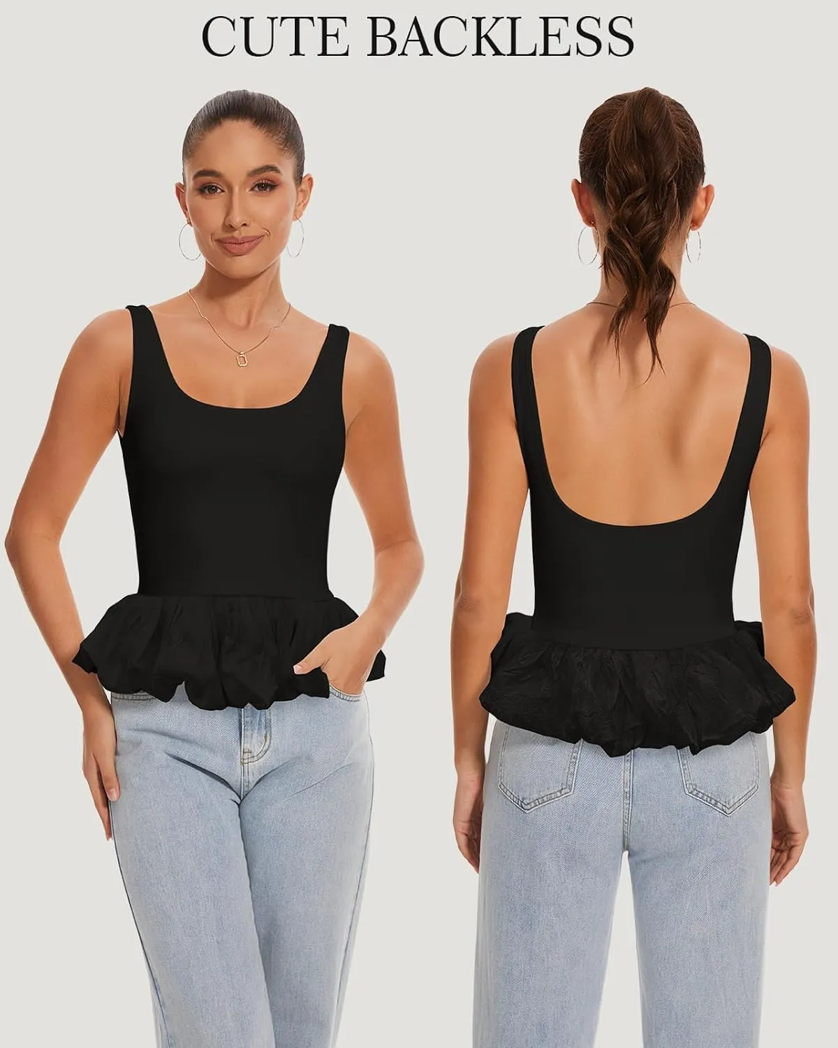 Babydoll Peplum Tops for Women Sleeveless Ruffle Hem Backless Top Scoop Neck Summer Crop Tank Top Babydoll Blouses