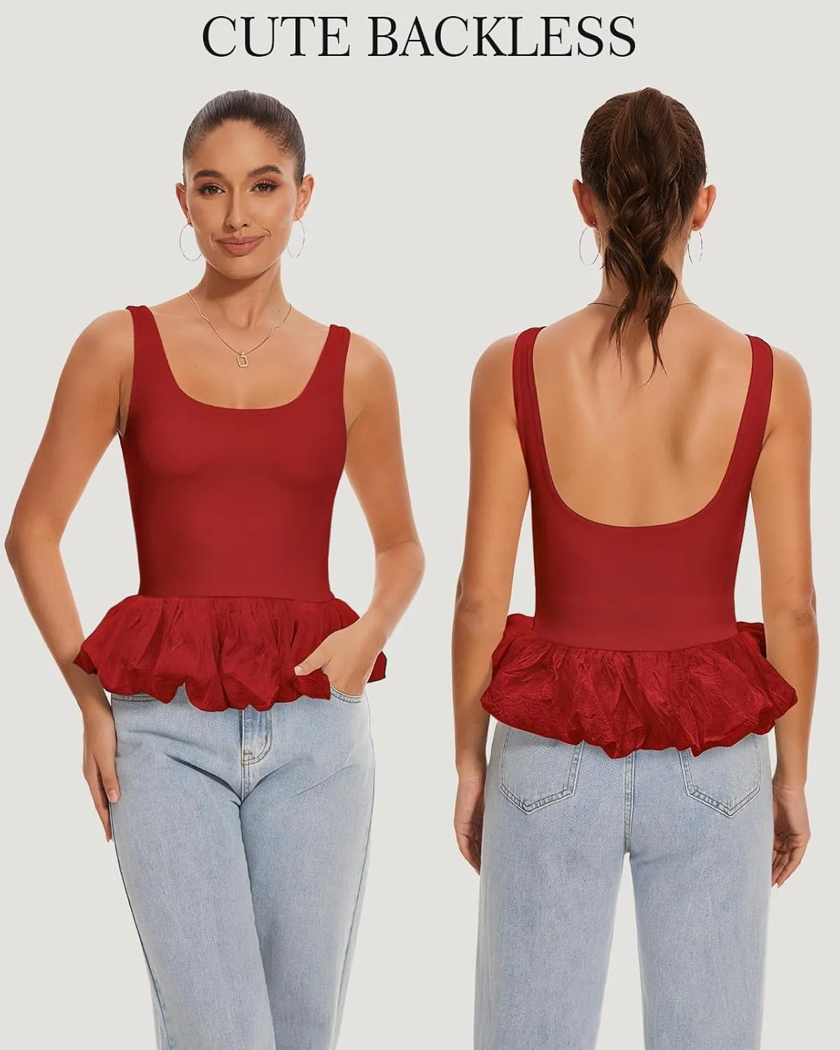 Babydoll Peplum Tops for Women Sleeveless Ruffle Hem Backless Top Scoop Neck Summer Crop Tank Top Babydoll Blouses