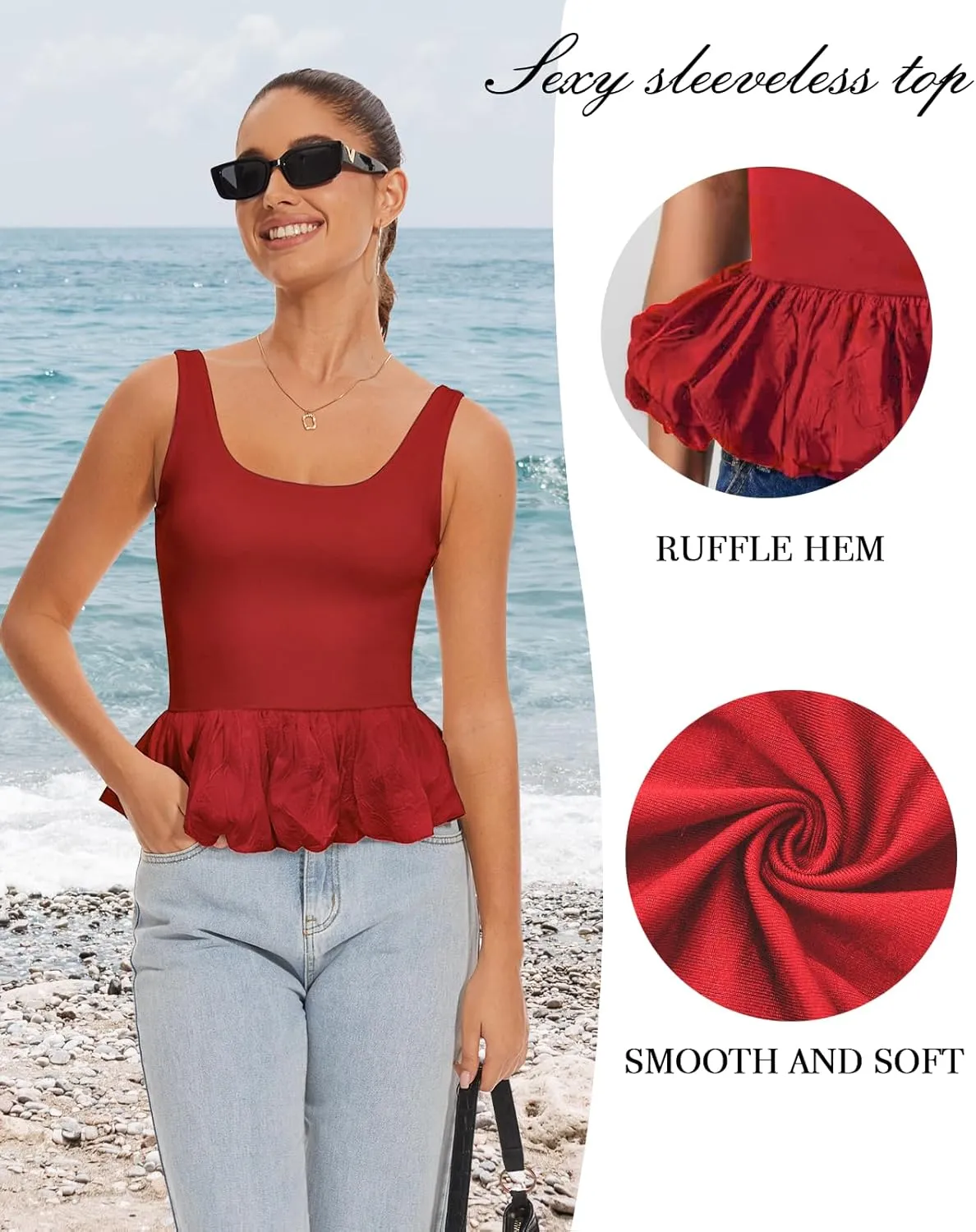 Babydoll Peplum Tops for Women Sleeveless Ruffle Hem Backless Top Scoop Neck Summer Crop Tank Top Babydoll Blouses