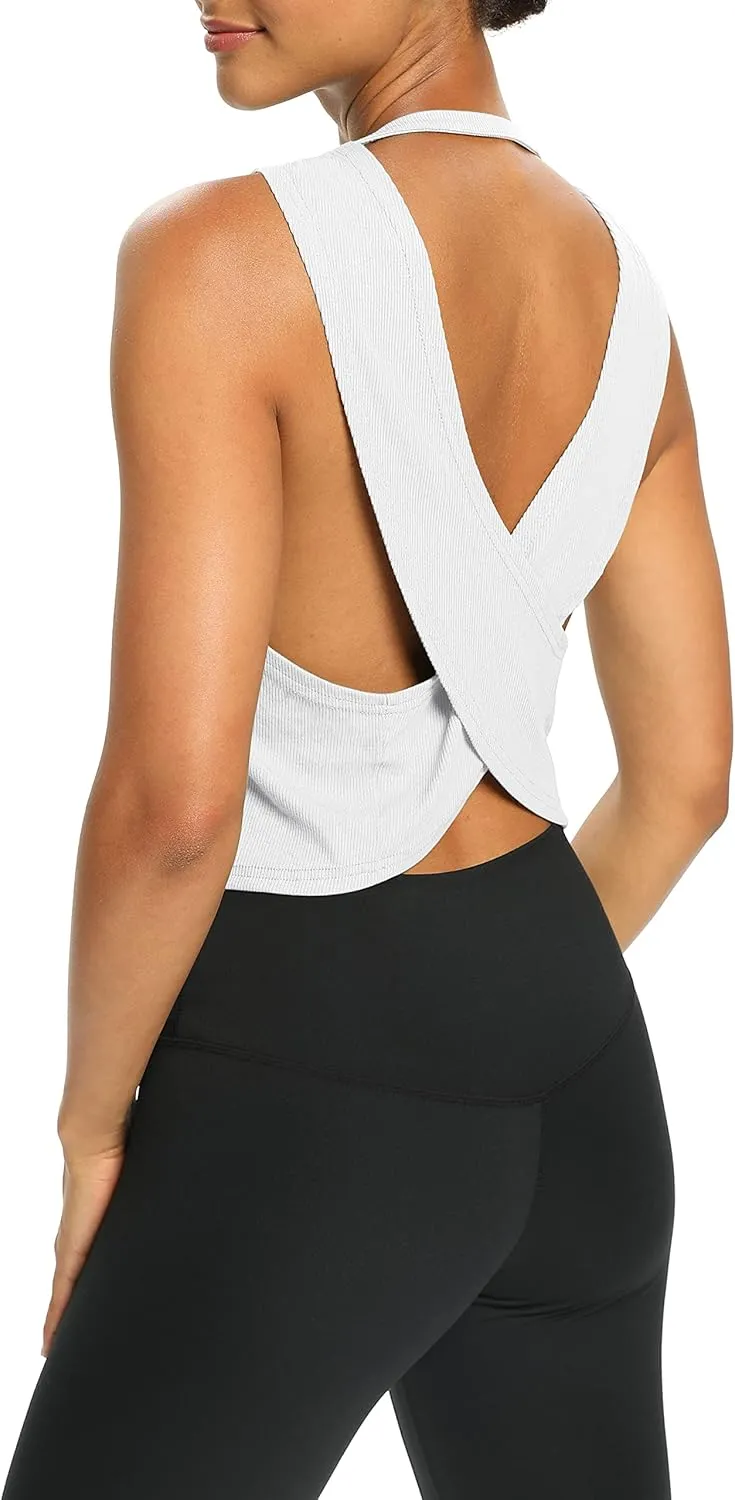 Bestisun Womens Open Back Workout Shirts Cropped Yoga Tank Tops Backless Athletic Clothes