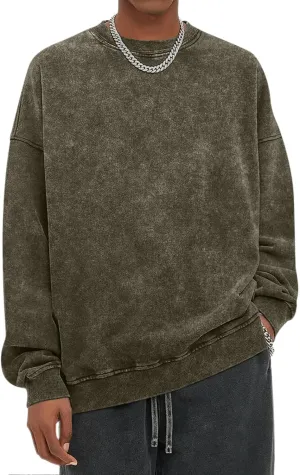 BINTEHGS Mens Oversized Vintage Sweatshirts Acid Wash Plain Crewneck Sweatshirt Streetwear Unisex Distressed Couple Pullover