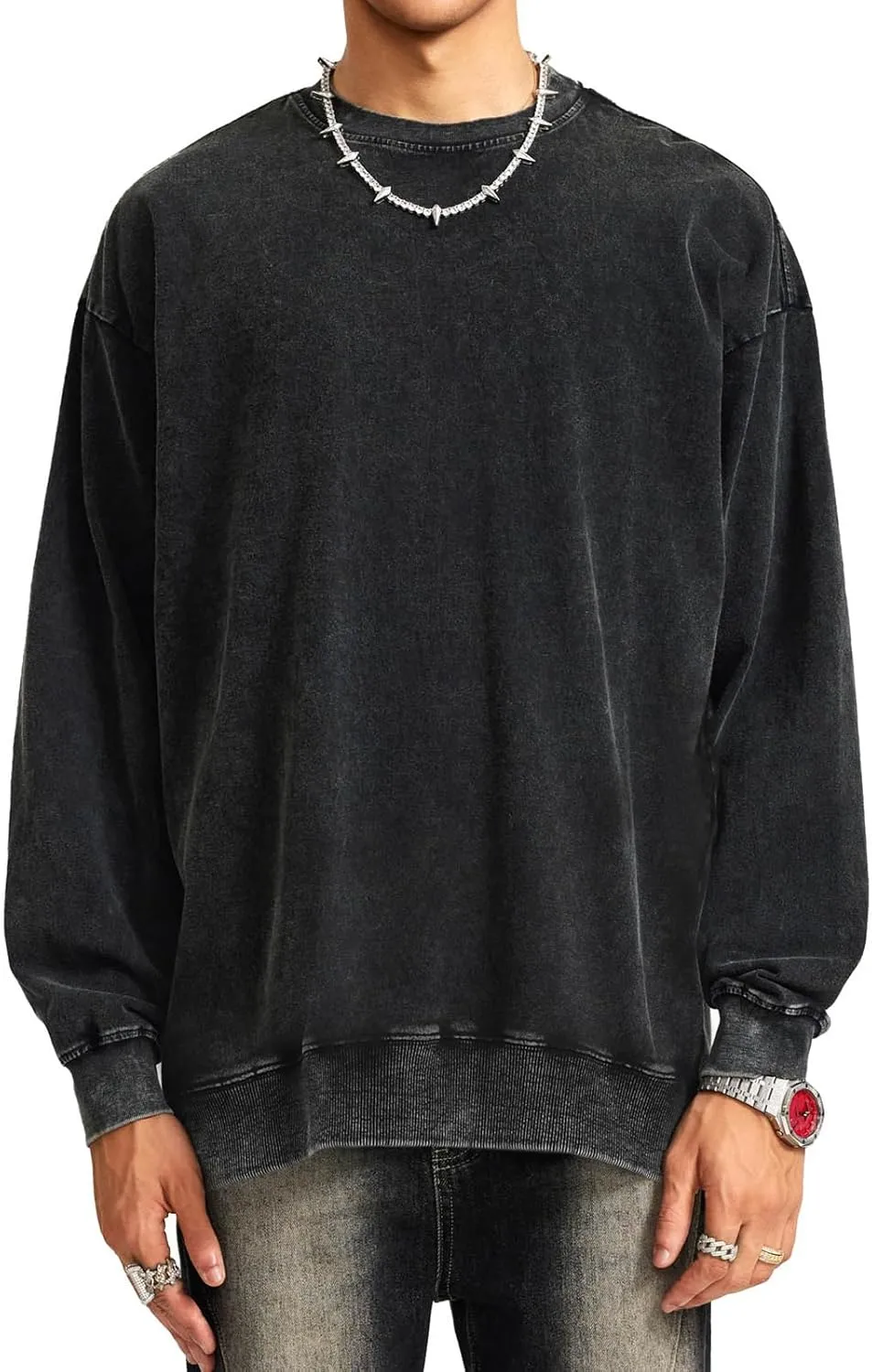 BINTEHGS Mens Oversized Vintage Sweatshirts Acid Wash Plain Crewneck Sweatshirt Streetwear Unisex Distressed Couple Pullover