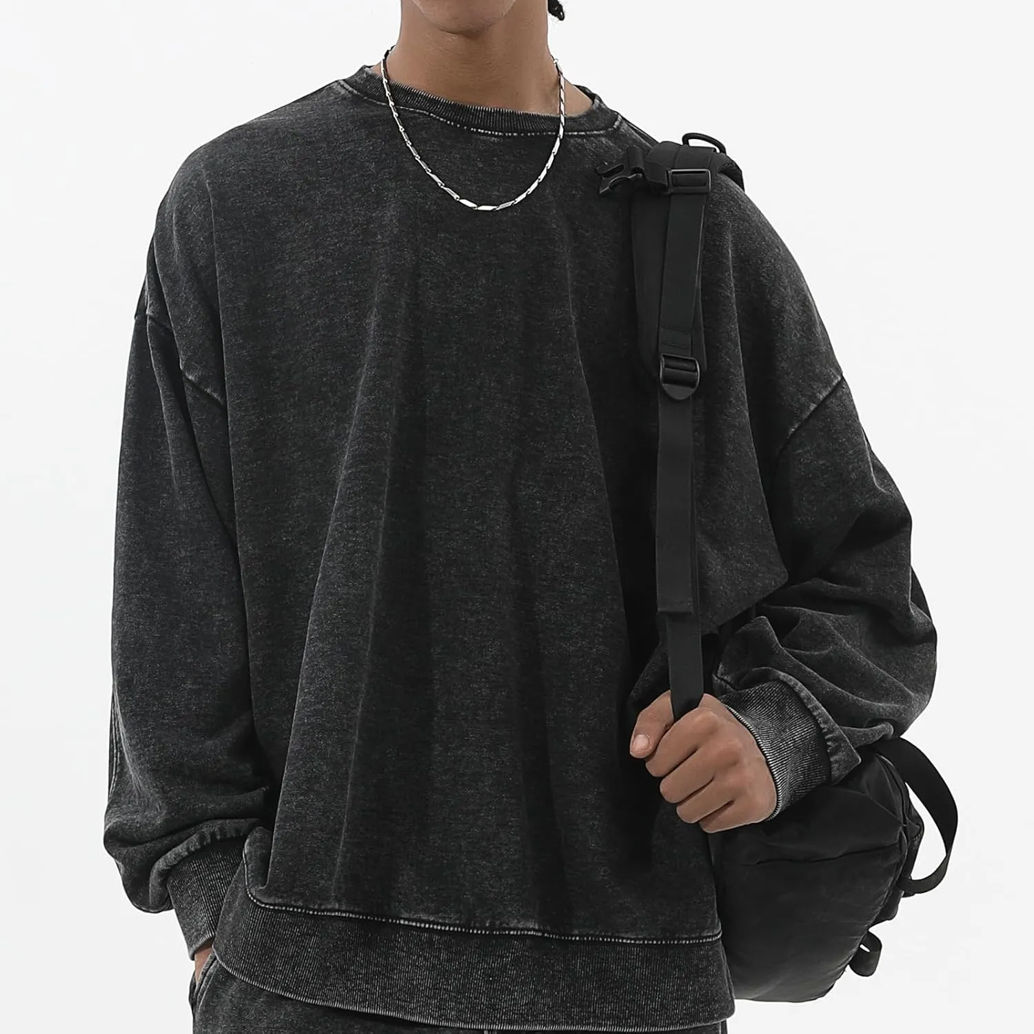 BINTEHGS Mens Oversized Vintage Sweatshirts Acid Wash Plain Crewneck Sweatshirt Streetwear Unisex Distressed Couple Pullover
