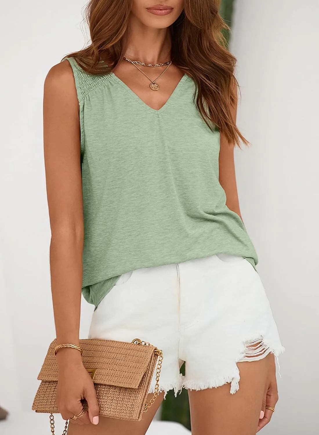 BLENCOT Casual Summer Tank Tops for Women Blouses Sleeveless Ruffled V Neck Loose Tshirts