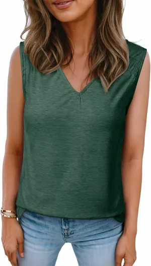 BLENCOT Casual Summer Tank Tops for Women Blouses Sleeveless Ruffled V Neck Loose Tshirts