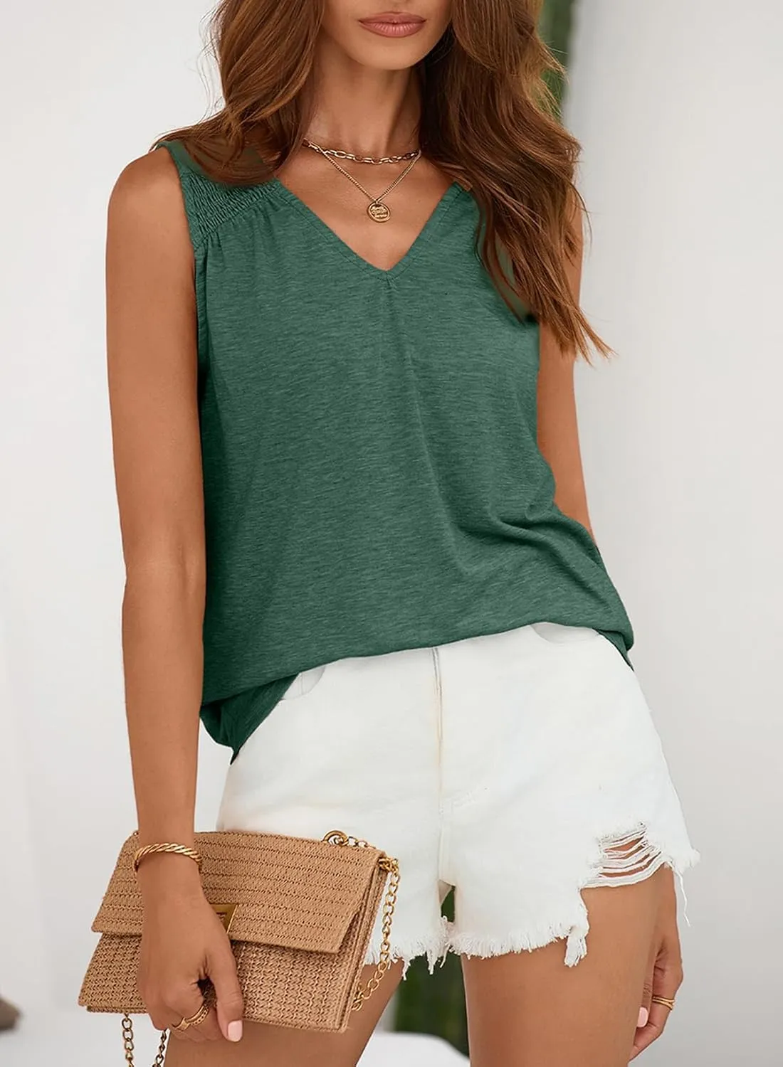 BLENCOT Casual Summer Tank Tops for Women Blouses Sleeveless Ruffled V Neck Loose Tshirts