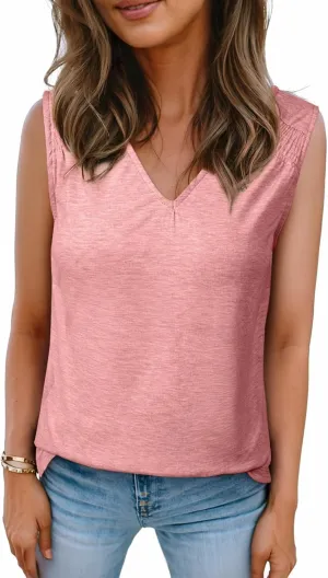 BLENCOT Casual Summer Tank Tops for Women Blouses Sleeveless Ruffled V Neck Loose Tshirts