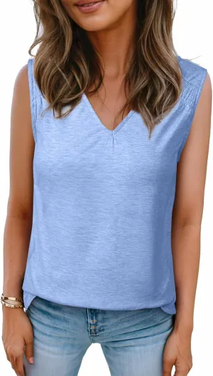 BLENCOT Casual Summer Tank Tops for Women Blouses Sleeveless Ruffled V Neck Loose Tshirts