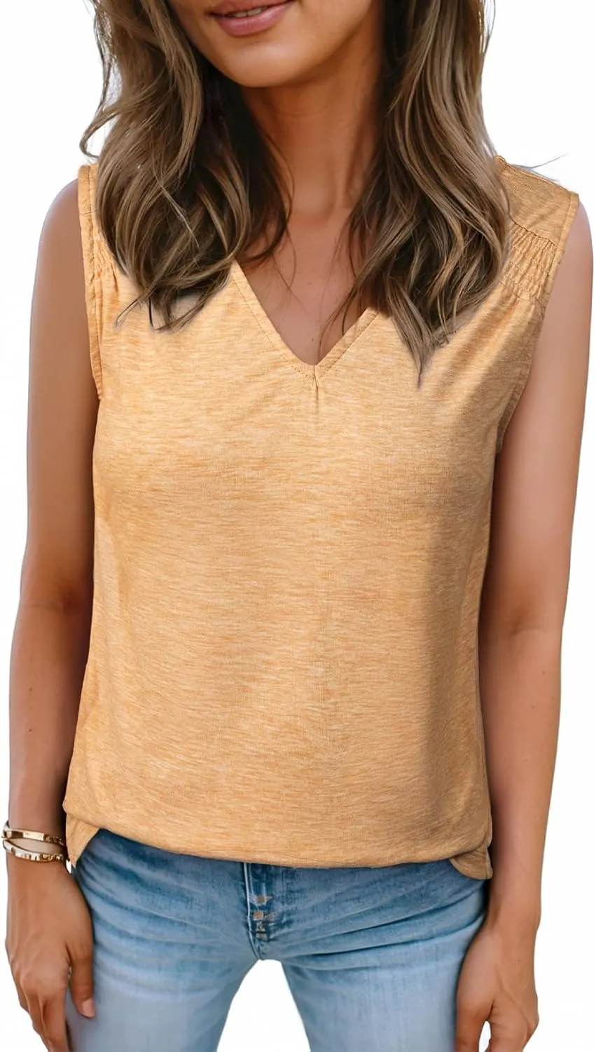 BLENCOT Casual Summer Tank Tops for Women Blouses Sleeveless Ruffled V Neck Loose Tshirts