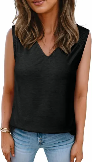 BLENCOT Casual Summer Tank Tops for Women Blouses Sleeveless Ruffled V Neck Loose Tshirts