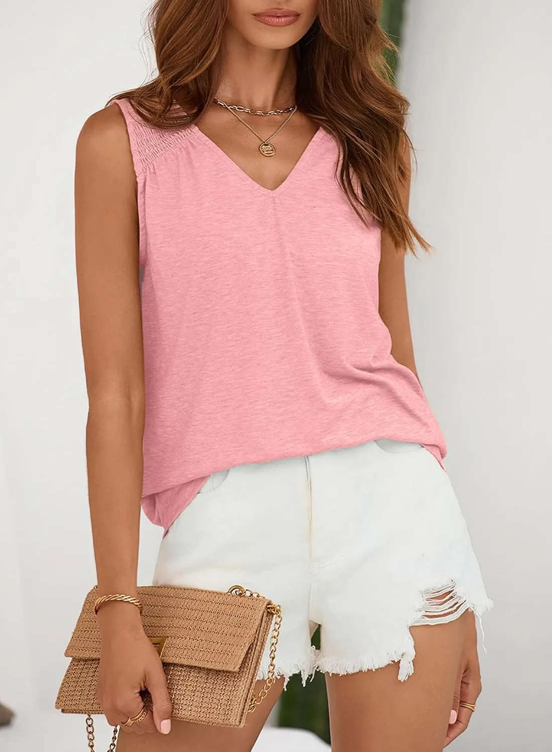 BLENCOT Casual Summer Tank Tops for Women Blouses Sleeveless Ruffled V Neck Loose Tshirts