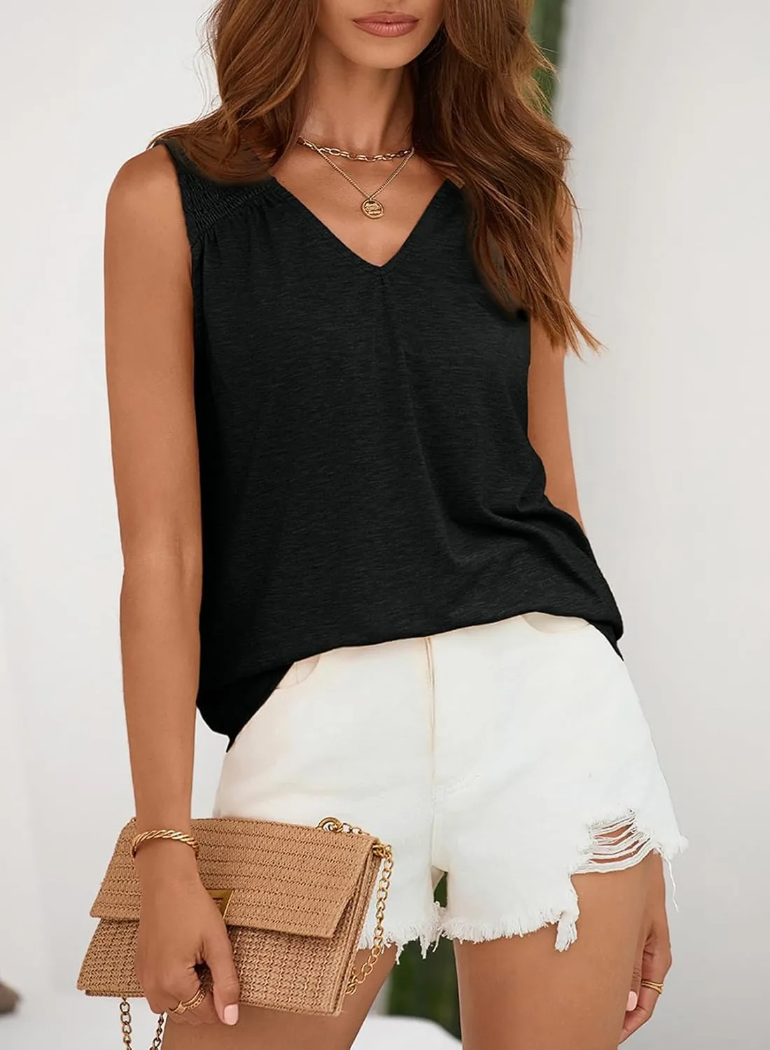 BLENCOT Casual Summer Tank Tops for Women Blouses Sleeveless Ruffled V Neck Loose Tshirts