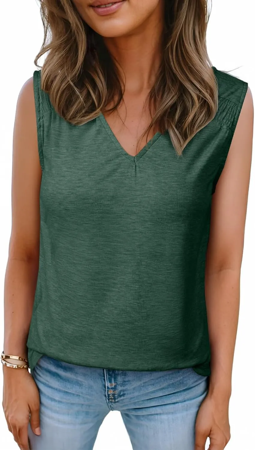 BLENCOT Casual Summer Tank Tops for Women Blouses Sleeveless Ruffled V Neck Loose Tshirts