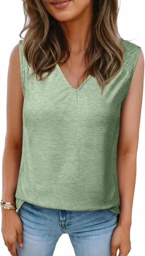 BLENCOT Casual Summer Tank Tops for Women Blouses Sleeveless Ruffled V Neck Loose Tshirts