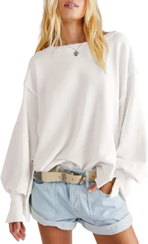 Bobeutou Womens Oversized Crewneck Sweatshirt Trendy Hoodies Teen Girls Loose Fit Side Slit Long Sleeves Shirts Pullover Top