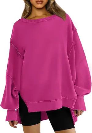 Bobeutou Womens Oversized Crewneck Sweatshirt Trendy Hoodies Teen Girls Loose Fit Side Slit Long Sleeves Shirts Pullover Top