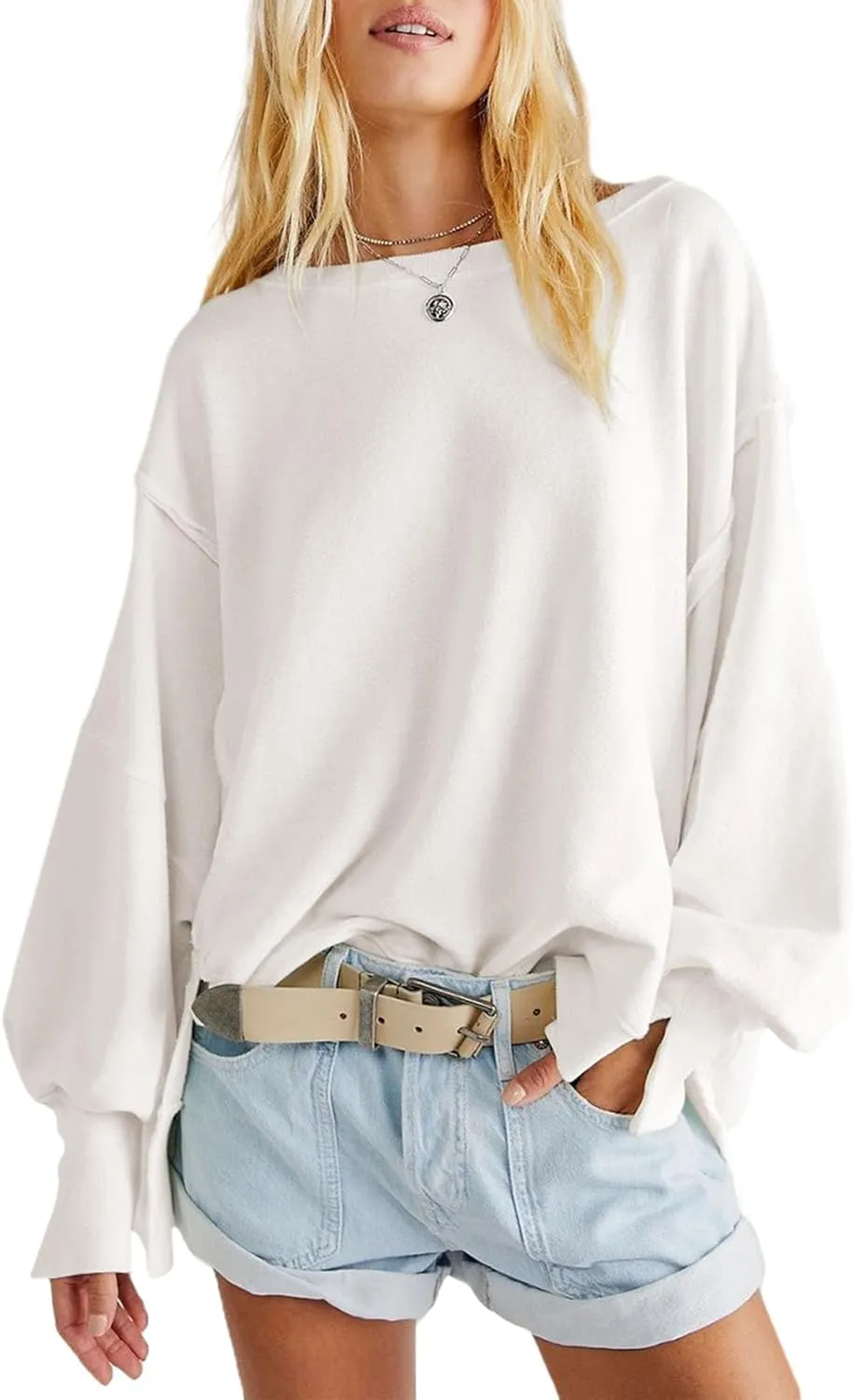 Bobeutou Womens Oversized Crewneck Sweatshirt Trendy Hoodies Teen Girls Loose Fit Side Slit Long Sleeves Shirts Pullover Top