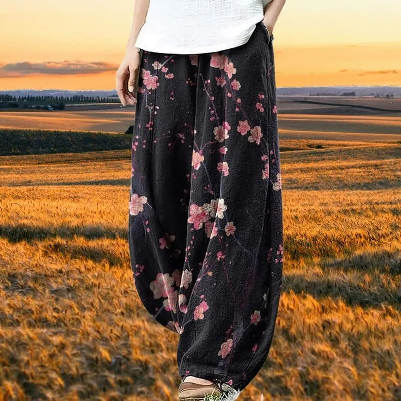 Boho Wide Leg Linen Pants for Women Summer Loose Pleated Elastic Waist Baggy Pants with Pockets Plus Size