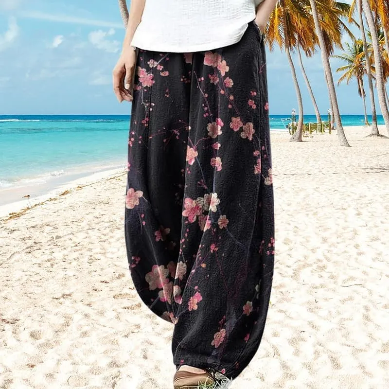 Boho Wide Leg Linen Pants for Women Summer Loose Pleated Elastic Waist Baggy Pants with Pockets Plus Size