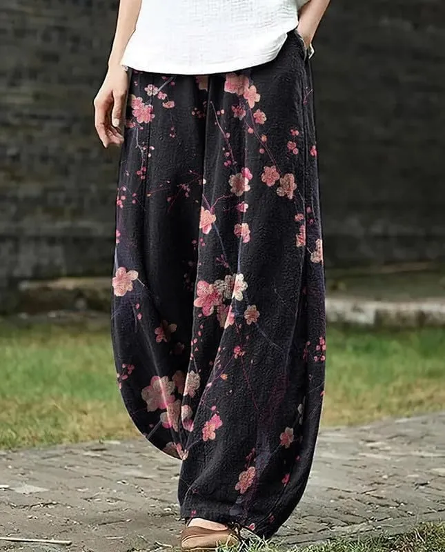 Boho Wide Leg Linen Pants for Women Summer Loose Pleated Elastic Waist Baggy Pants with Pockets Plus Size
