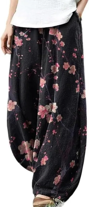 Boho Wide Leg Linen Pants for Women Summer Loose Pleated Elastic Waist Baggy Pants with Pockets Plus Size