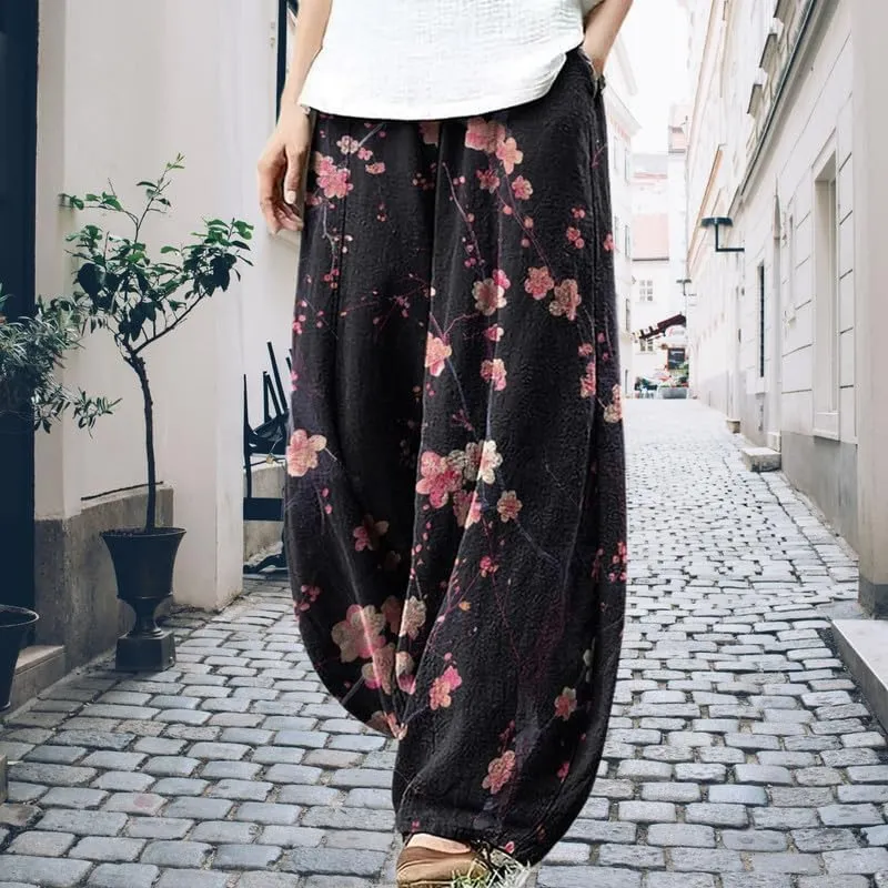 Boho Wide Leg Linen Pants for Women Summer Loose Pleated Elastic Waist Baggy Pants with Pockets Plus Size