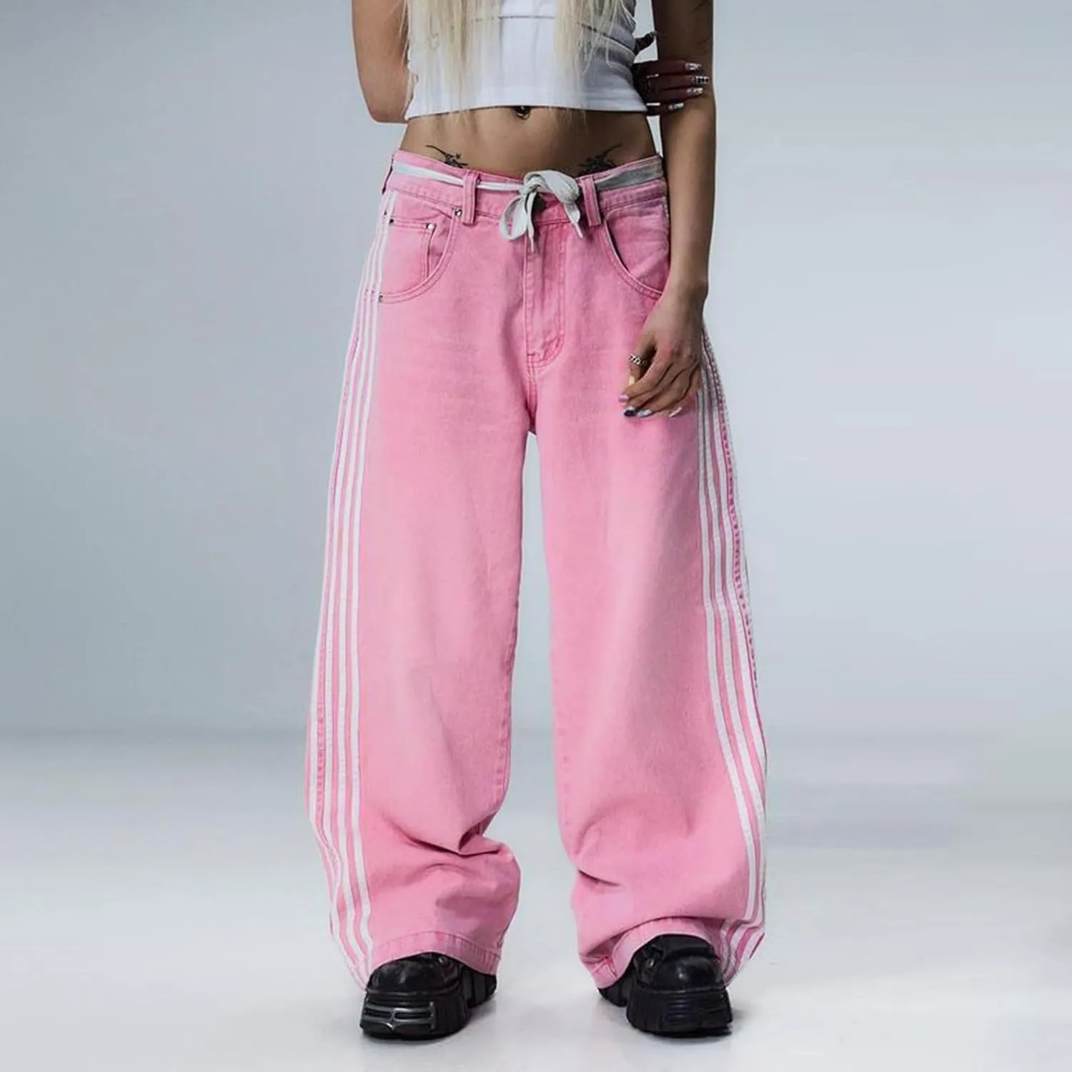 Boyfriend Jeans for Women Y2K Fashion Striped High Waist Wide Leg Denim Pants Casual Vintage Baggy Streetwear Jeans
