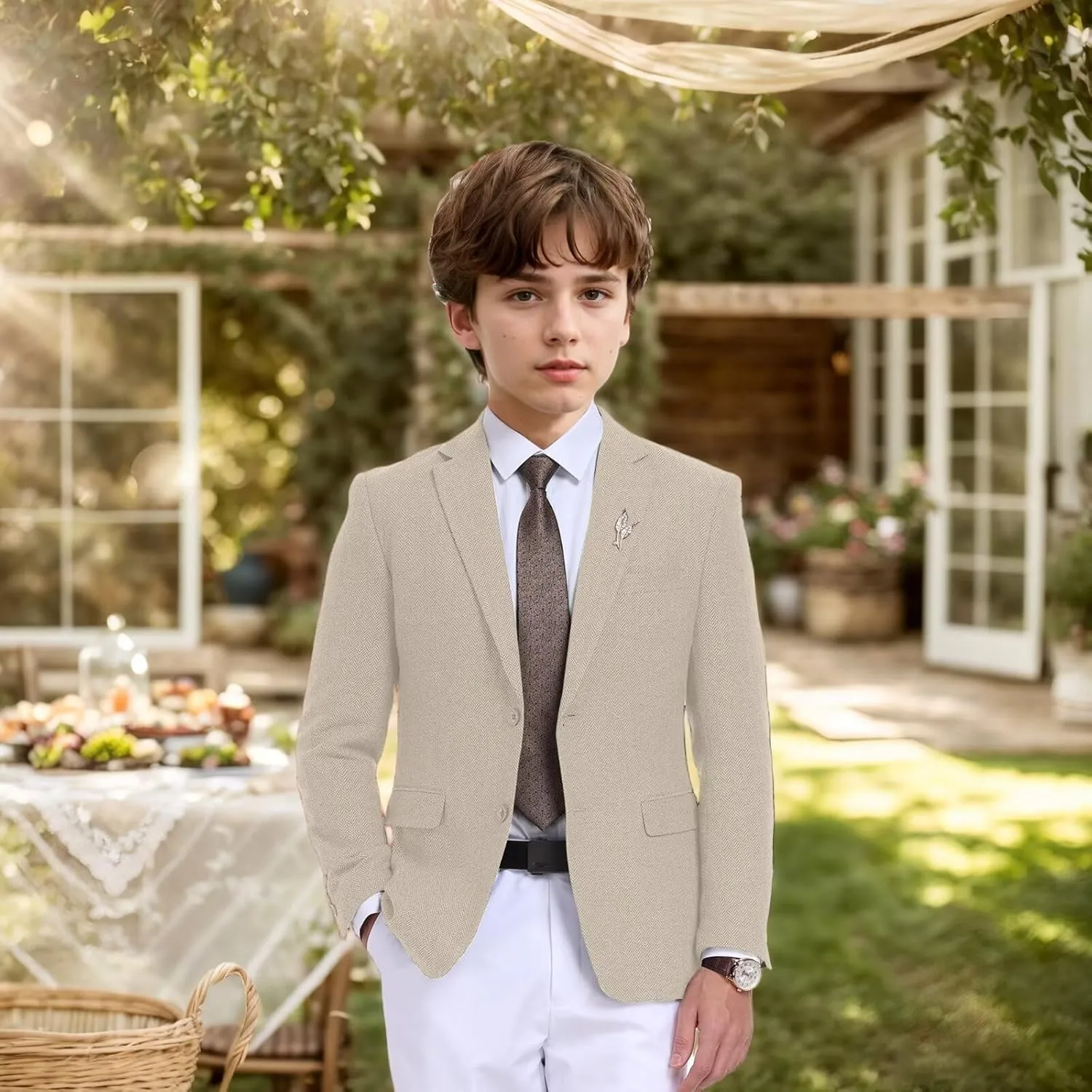 Boys Suit Blazer Tweed Herringbone Jacket Boy Sport Coats Slim Fit Retro Tuxedo Stylish Wedding Party Prom Homecoming